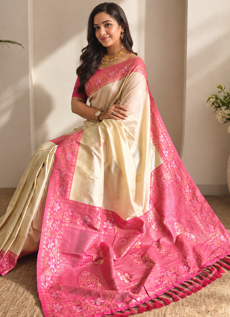 cream color zari weaves contrast pallu and designer chaap border silk blend saree