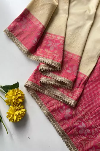 cream color zari weaves contrast pallu and designer chaap border silk blend saree