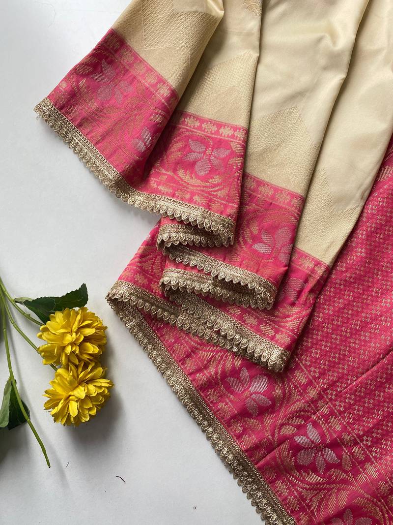 cream color zari weaves contrast pallu and designer chaap border silk blend saree