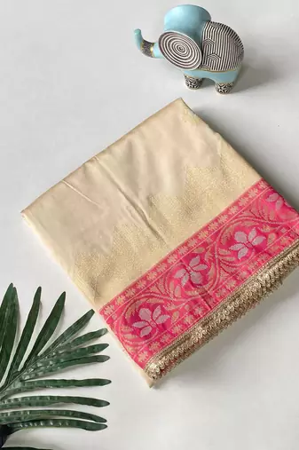 cream color zari weaves contrast pallu and designer chaap border silk blend saree
