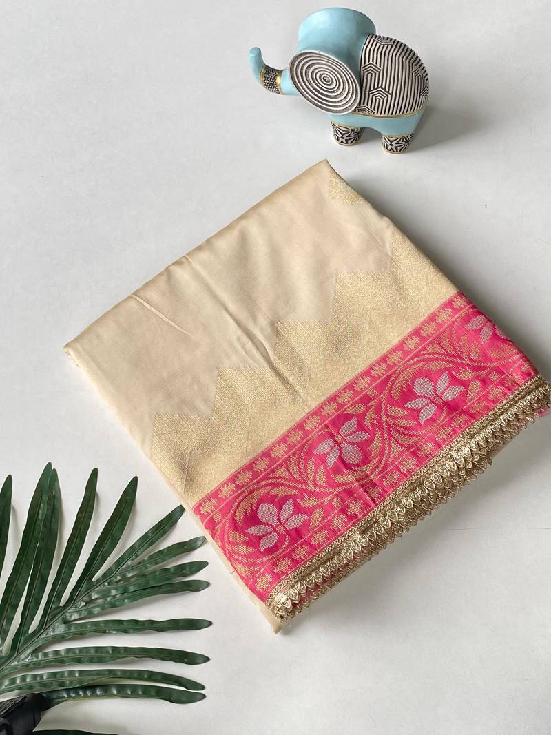 cream color zari weaves contrast pallu and designer chaap border silk blend saree