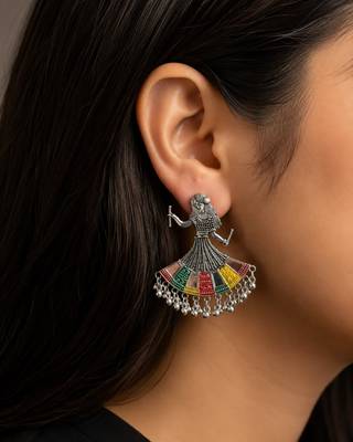 Oxidised Silver Multicolor Dancing Girl Earrings for Women, Earrings for Navratri Garba Festival 5