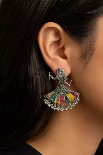 Oxidised Silver Multicolor Dancing Girl Earrings for Women, Earrings for Navratri Garba Festival