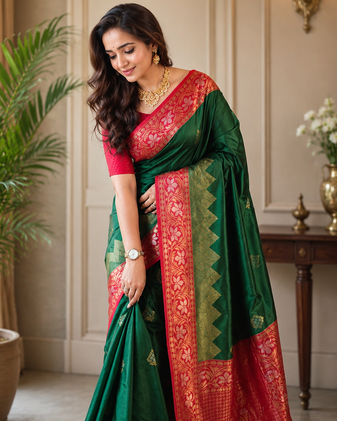 dark green color zari weaves contrast pallu and designer chaap border silk blend saree