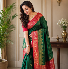 dark green color zari weaves contrast pallu and designer chaap border silk blend saree