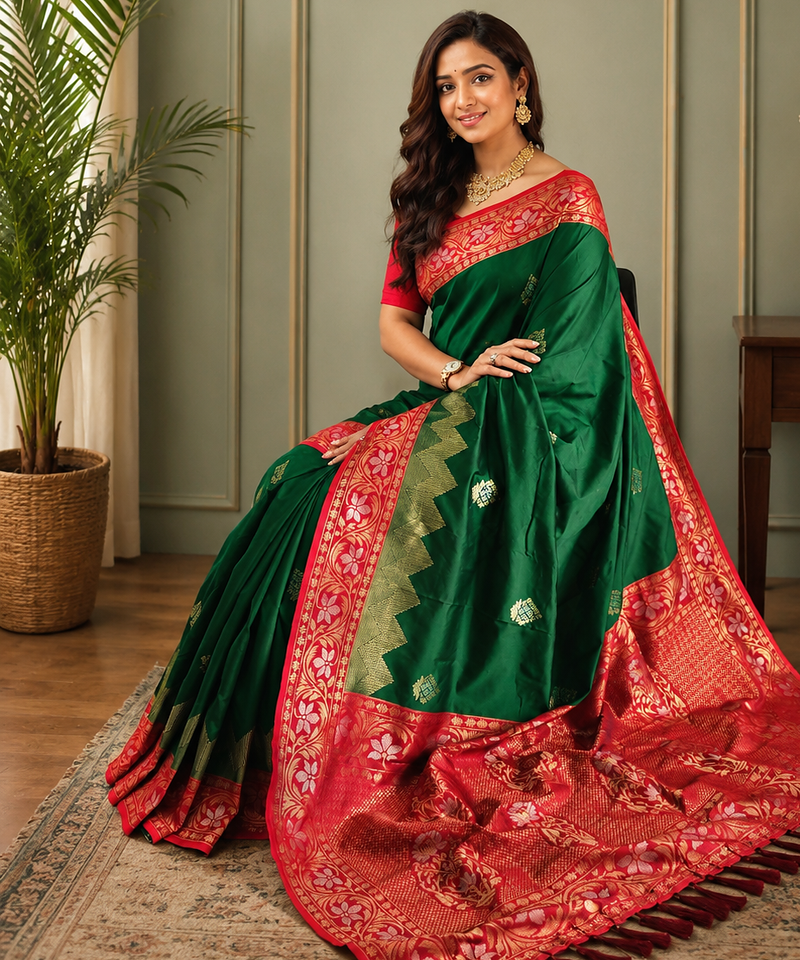 dark green color zari weaves contrast pallu and designer chaap border silk blend saree