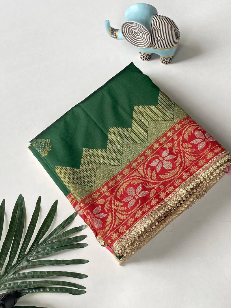 dark green color zari weaves contrast pallu and designer chaap border silk blend saree
