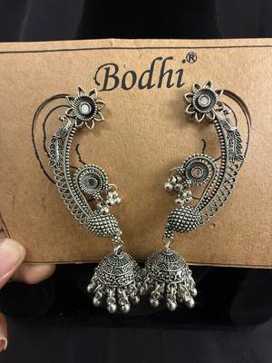 Oxidised Silver Peacock Ear Cuff Jhumka Earrings for Women, Traditional Tribal Navratri Garba Jewellery 1