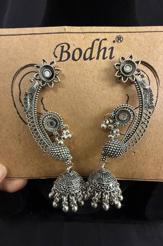 Oxidised Silver Peacock Ear Cuff Jhumka Earrings for Women, Traditional Tribal Navratri Garba Jewellery