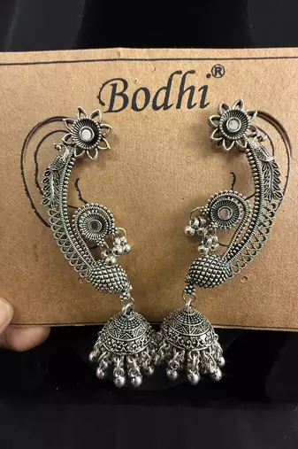 Oxidised Silver Peacock Ear Cuff Jhumka Earrings for Women, Traditional Tribal Navratri Garba Jewellery