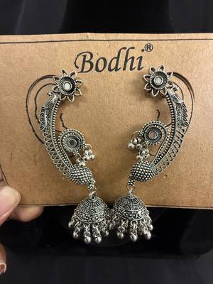 Oxidised Silver Peacock Ear Cuff Jhumka Earrings for Women, Traditional Tribal Navratri Garba Jewellery 2