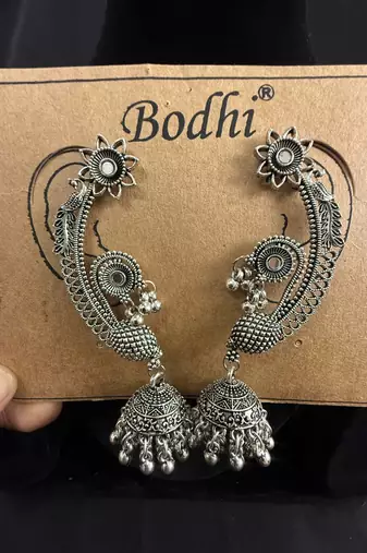 Oxidised Silver Peacock Ear Cuff Jhumka Earrings for Women, Traditional Tribal Navratri Garba Jewellery