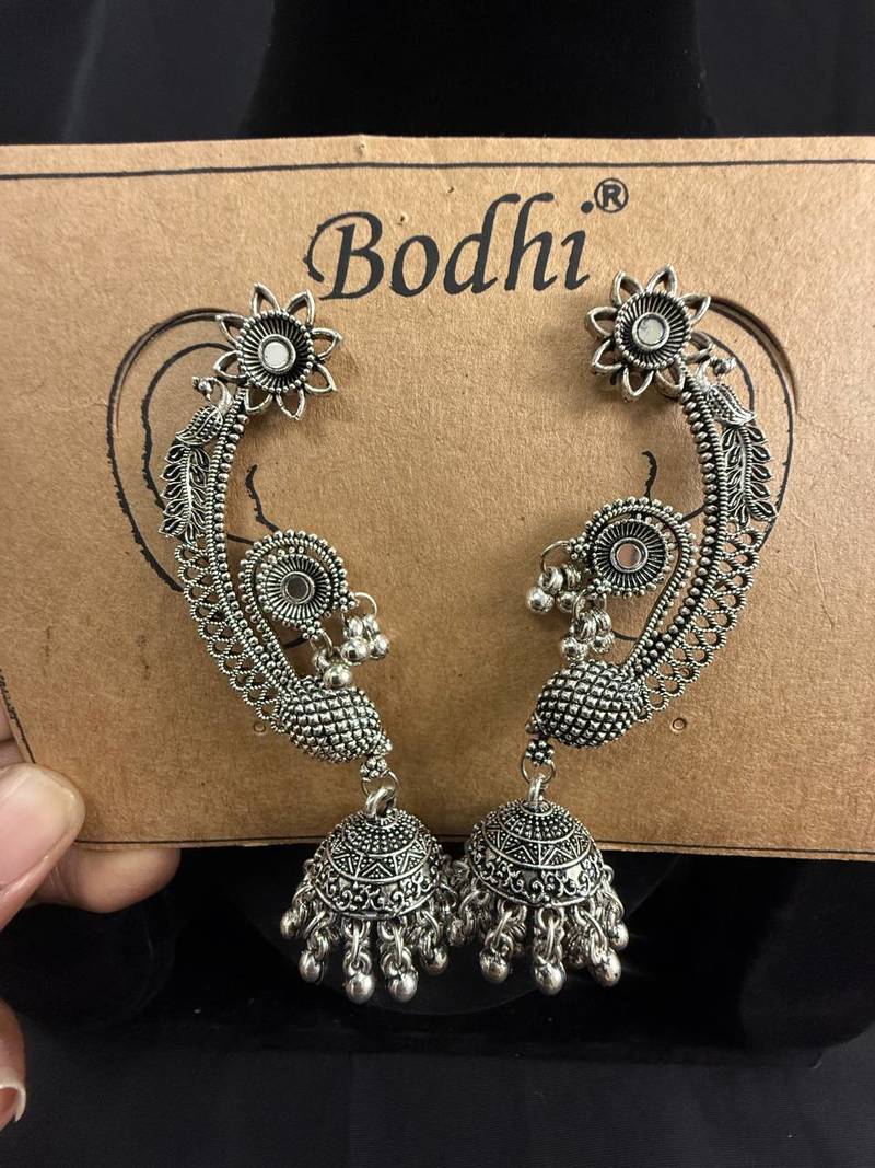 Oxidised Silver Peacock Ear Cuff Jhumka Earrings for Women, Traditional Tribal Navratri Garba Jewellery