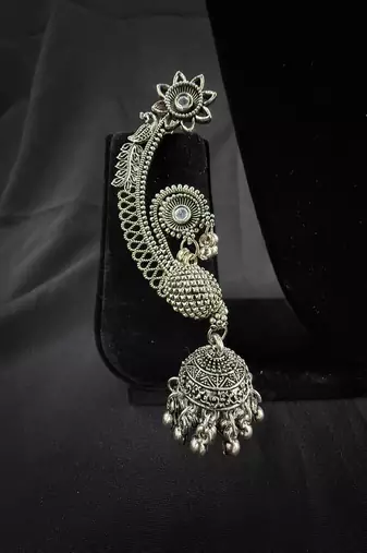 Oxidised Silver Peacock Ear Cuff Jhumka Earrings for Women, Traditional Tribal Navratri Garba Jewellery