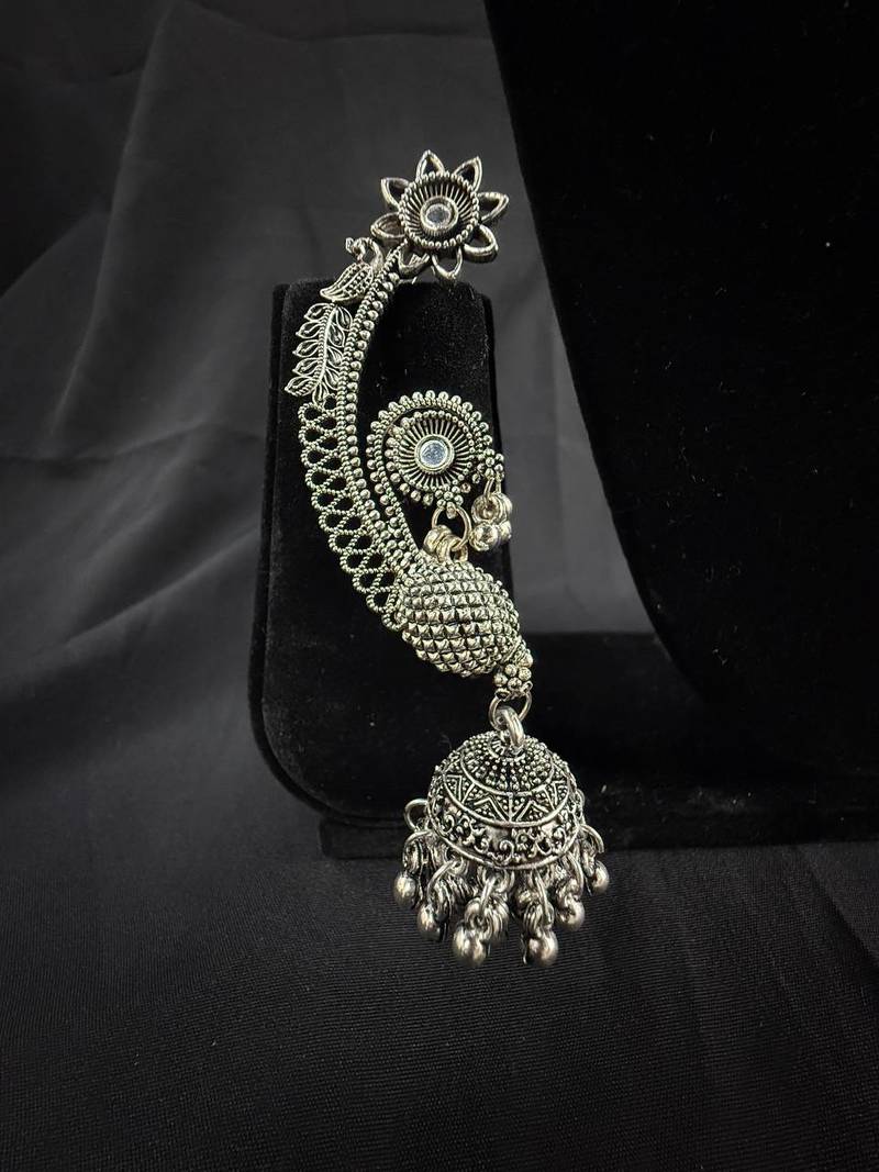 Oxidised Silver Peacock Ear Cuff Jhumka Earrings for Women, Traditional Tribal Navratri Garba Jewellery