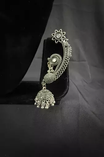 Oxidised Silver Peacock Ear Cuff Jhumka Earrings for Women, Traditional Tribal Navratri Garba Jewellery