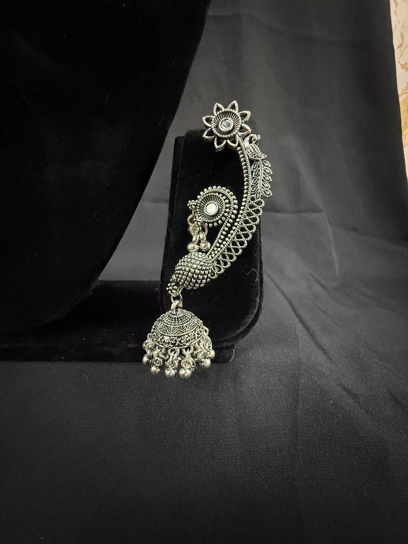 Oxidised Silver Peacock Ear Cuff Jhumka Earrings for Women, Traditional Tribal Navratri Garba Jewellery