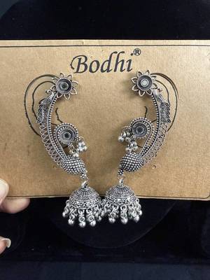Oxidised Silver Peacock Ear Cuff Jhumka Earrings for Women, Traditional Tribal Navratri Garba Jewellery 5