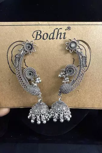 Oxidised Silver Peacock Ear Cuff Jhumka Earrings for Women, Traditional Tribal Navratri Garba Jewellery