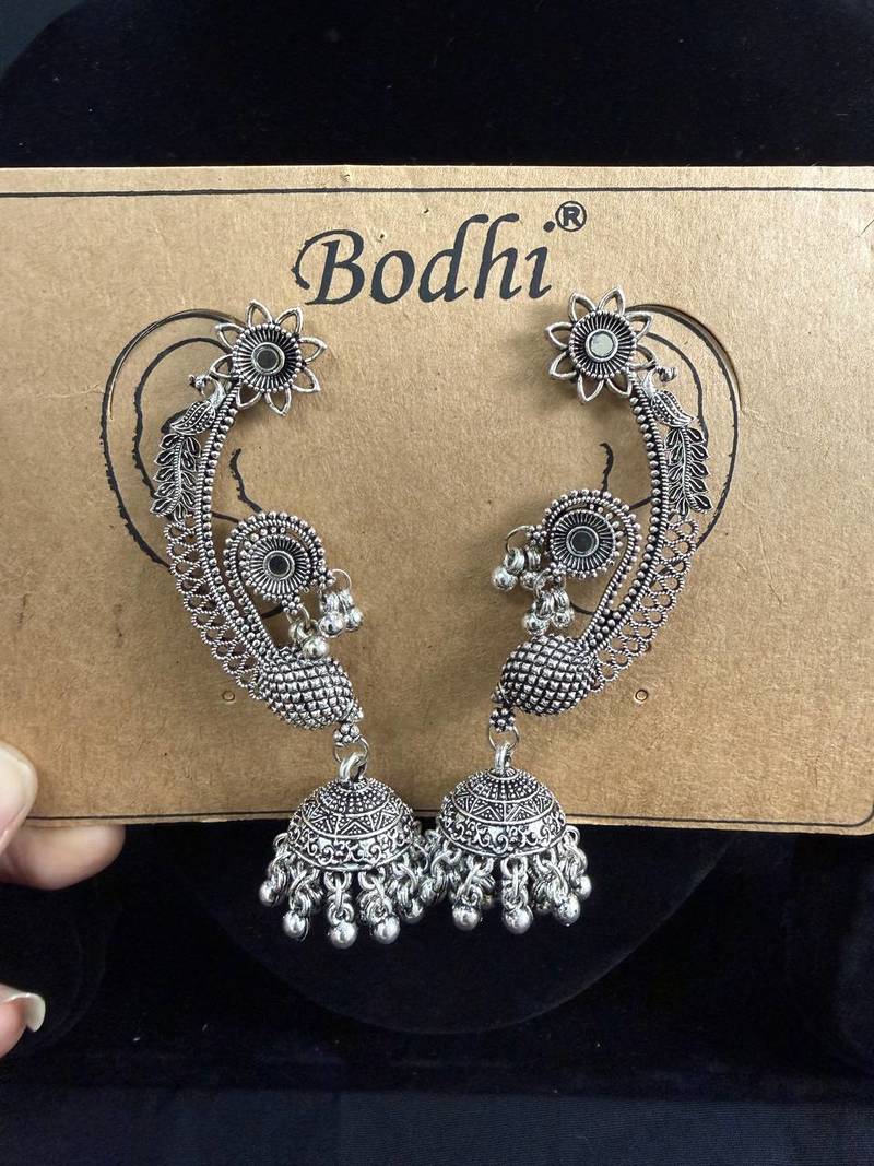 Oxidised Silver Peacock Ear Cuff Jhumka Earrings for Women, Traditional Tribal Navratri Garba Jewellery