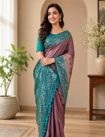 dark purple color zari weaves contrast pallu and designer chaap border silk blend saree