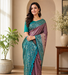dark purple color zari weaves contrast pallu and designer chaap border silk blend saree