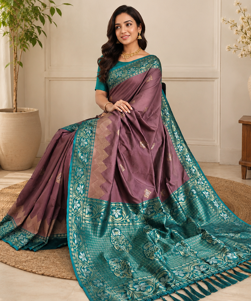 dark purple color zari weaves contrast pallu and designer chaap border silk blend saree
