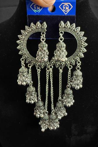 Oxidised Silver Chandbali Jhumka Earrings for Women, Long Chain Tassel Tribal Jewellery for Navratri Garba