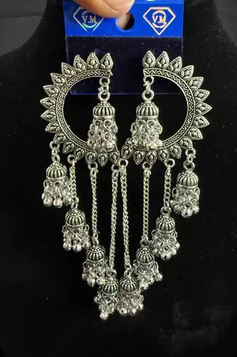 Oxidised Silver Chandbali Jhumka Earrings for Women, Long Chain Tassel Tribal Jewellery for Navratri Garba