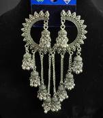 Oxidised Silver Chandbali Jhumka Earrings for Women, Long Chain Tassel Tribal Jewellery for Navratri Garba