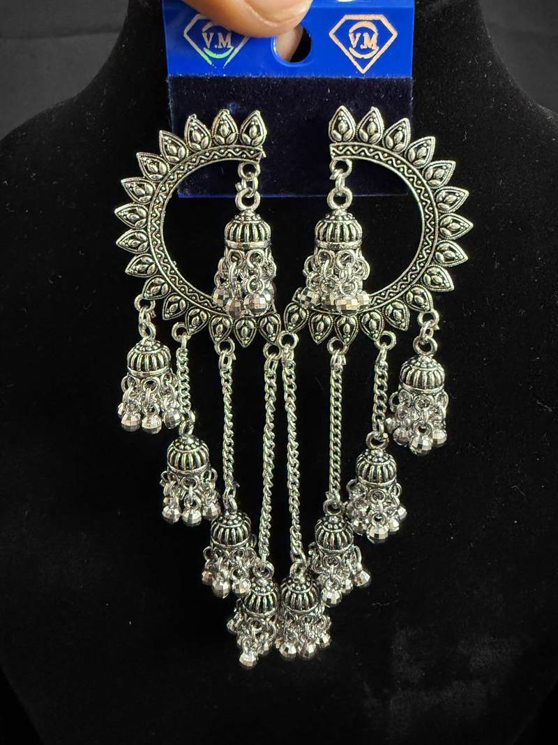 Oxidised Silver Chandbali Jhumka Earrings for Women, Long Chain Tassel Tribal Jewellery for Navratri Garba