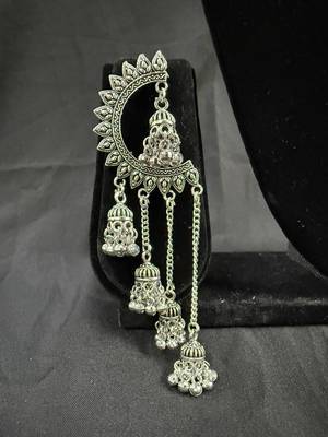 Oxidised Silver Chandbali Jhumka Earrings for Women, Long Chain Tassel Tribal Jewellery for Navratri Garba 2
