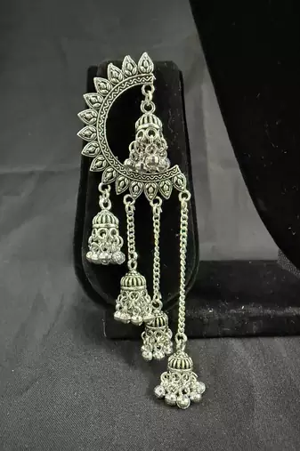 Oxidised Silver Chandbali Jhumka Earrings for Women, Long Chain Tassel Tribal Jewellery for Navratri Garba