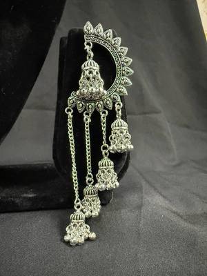 Oxidised Silver Chandbali Jhumka Earrings for Women, Long Chain Tassel Tribal Jewellery for Navratri Garba 3
