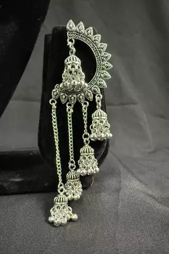 Oxidised Silver Chandbali Jhumka Earrings for Women, Long Chain Tassel Tribal Jewellery for Navratri Garba