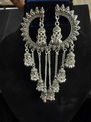 Oxidised Silver Chandbali Jhumka Earrings for Women, Long Chain Tassel Tribal Jewellery for Navratri Garba 4