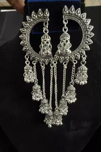 Oxidised Silver Chandbali Jhumka Earrings for Women, Long Chain Tassel Tribal Jewellery for Navratri Garba