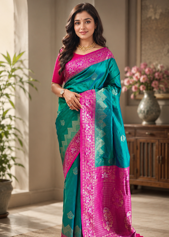 emerald green color zari weaves contrast pallu and designer chaap border silk blend saree