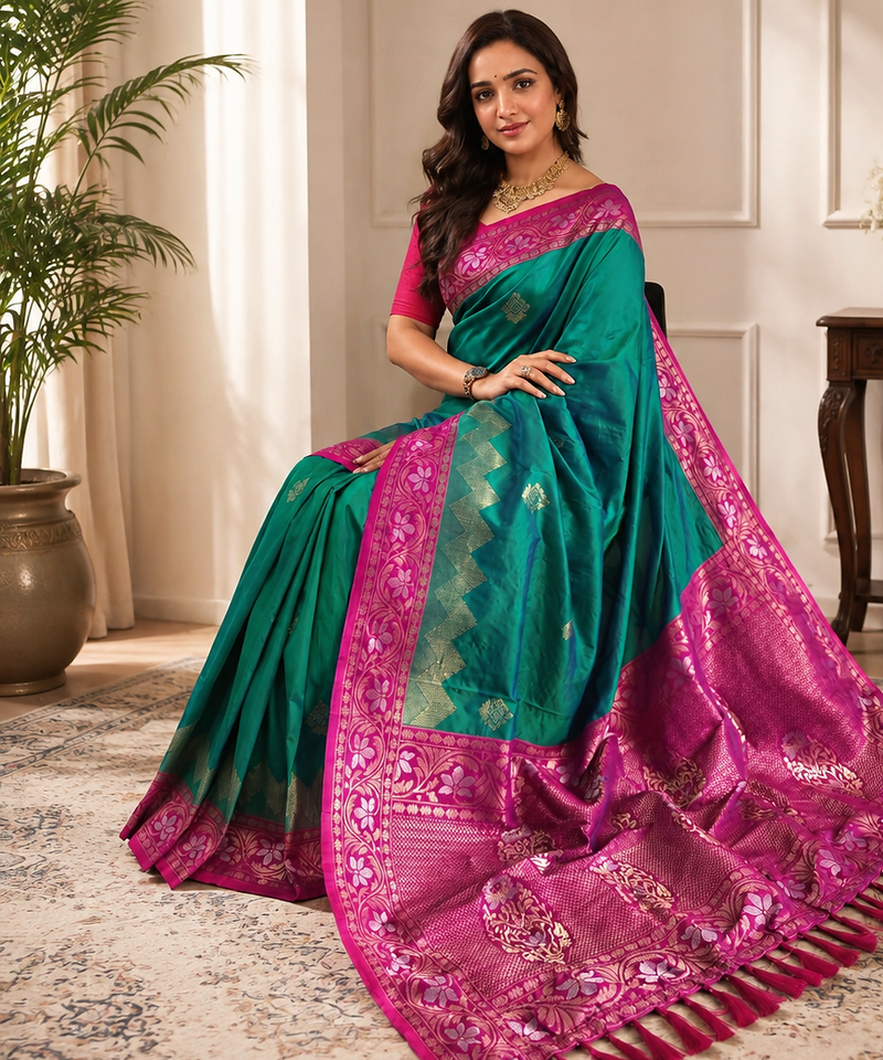 emerald green color zari weaves contrast pallu and designer chaap border silk blend saree