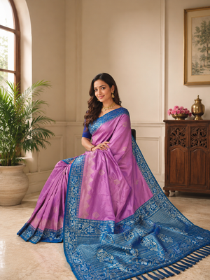 lavender color zari weaves contrast pallu and designer chaap border silk blend saree 1