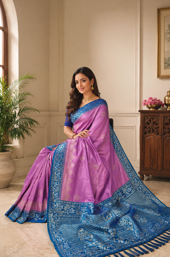 lavender color zari weaves contrast pallu and designer chaap border silk blend saree