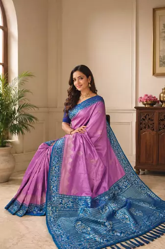 lavender color zari weaves contrast pallu and designer chaap border silk blend saree