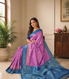 lavender color zari weaves contrast pallu and designer chaap border silk blend saree