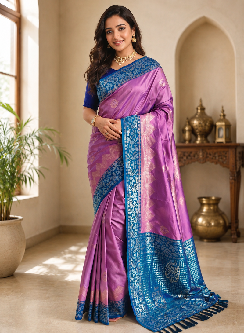 lavender color zari weaves contrast pallu and designer chaap border silk blend saree