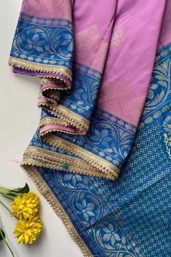 lavender color zari weaves contrast pallu and designer chaap border silk blend saree