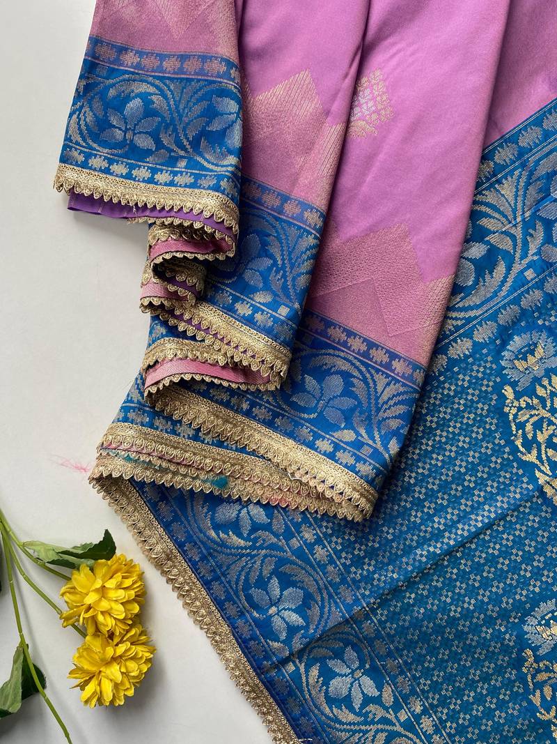 lavender color zari weaves contrast pallu and designer chaap border silk blend saree