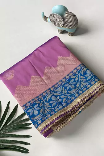 lavender color zari weaves contrast pallu and designer chaap border silk blend saree