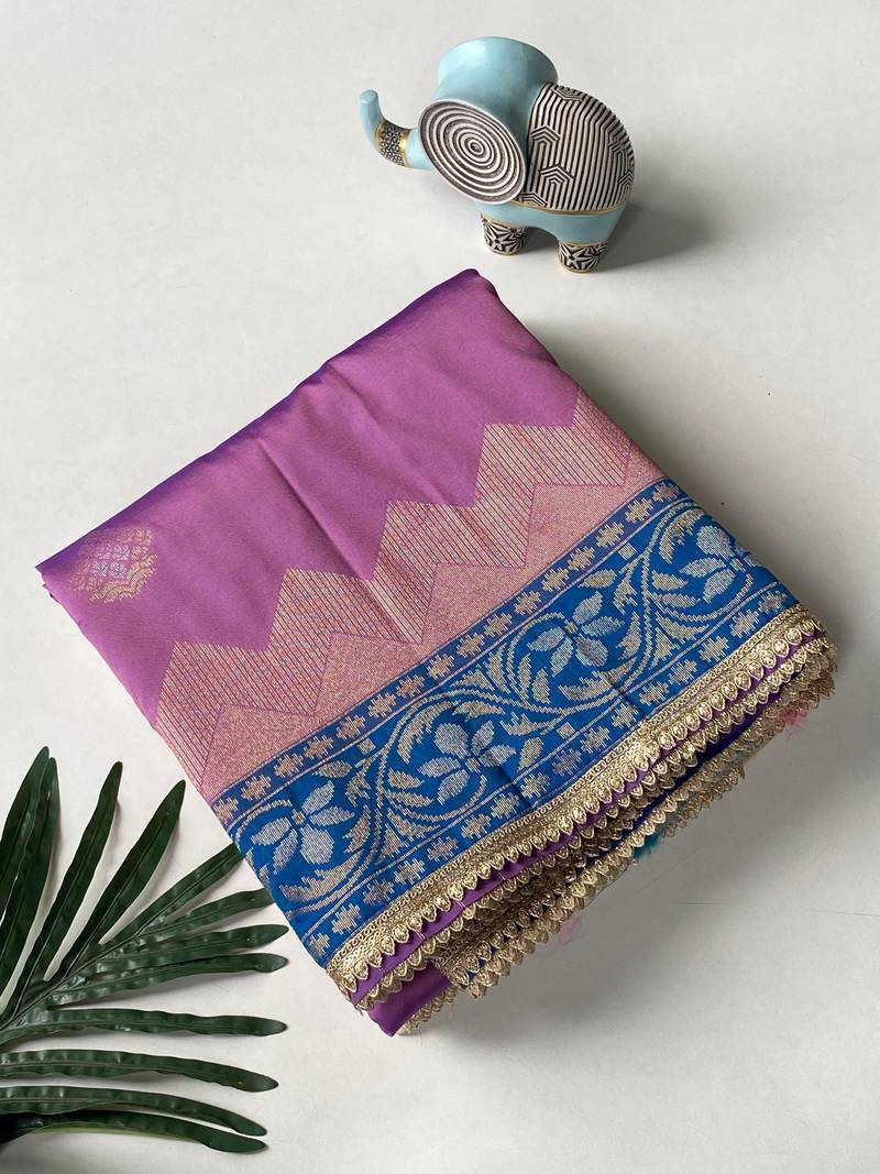 lavender color zari weaves contrast pallu and designer chaap border silk blend saree