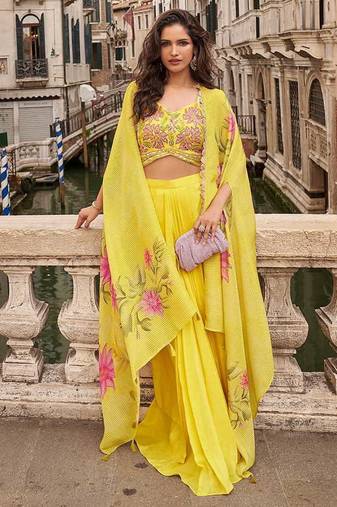 Yellow faux chinon silk embroidered readymade top & skirt with jacket
