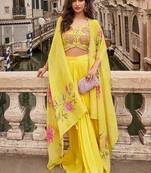 Yellow faux chinon silk embroidered readymade top & skirt with jacket